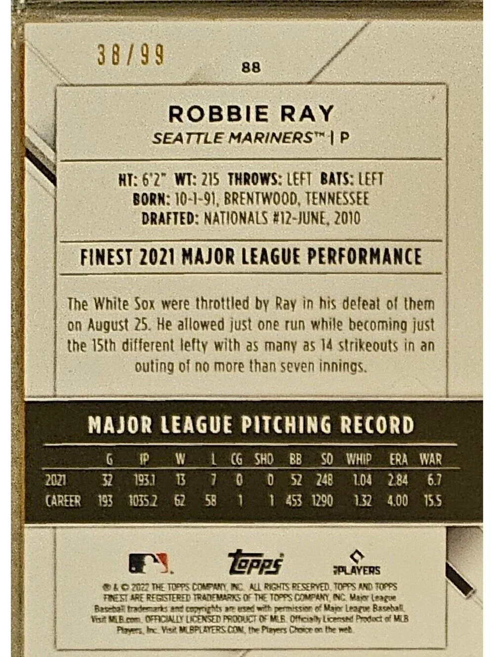 Robbie Ray [Green Refractor insert No./99] #88 - 2022 Topps Finest - Mariners